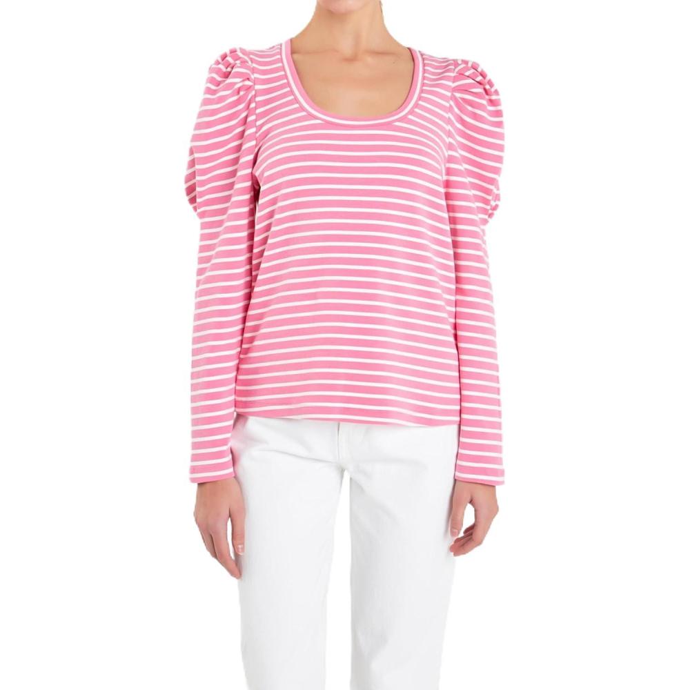 image:imageEnglish Factory Womens Puff Sleeve Knit Top PinkWhite XS