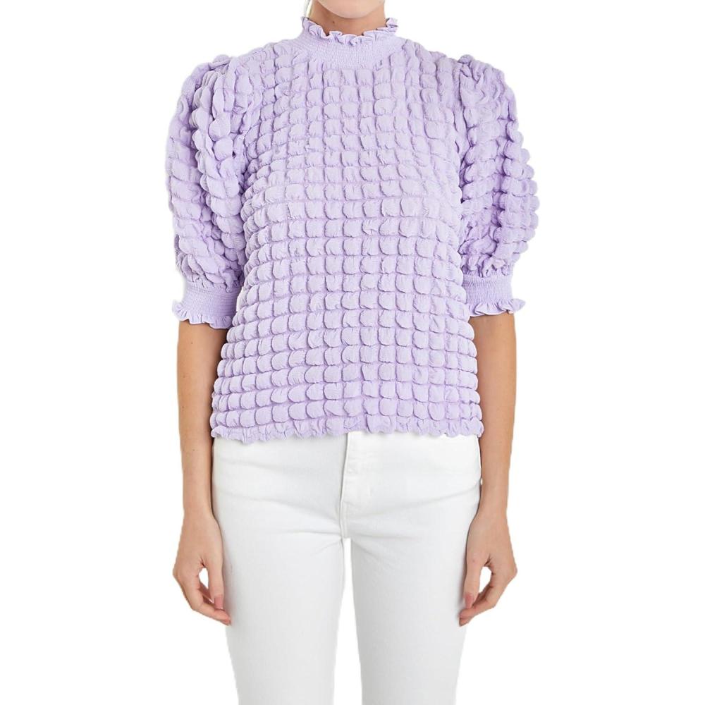 image:imageEnglish Factory Womens Textured Mock Neck Short Sleeve Blouse Lavender M