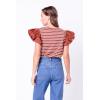 English Factory Women’s Stripe Knit with Poplin Puff Sleeve Top, M, Brown/White, Medium