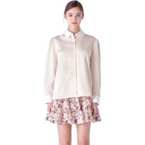 English Factory Women Silky Shirt with Poplin Combo Collar, Ivory, M