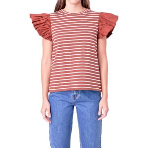 English Factory Women’s Stripe Knit with Poplin Puff Sleeve Top, M, Brown/White, Medium