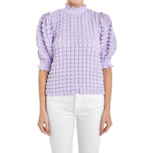 English Factory Women’s Textured Mock Neck Short Sleeve Blouse, Lavender, M