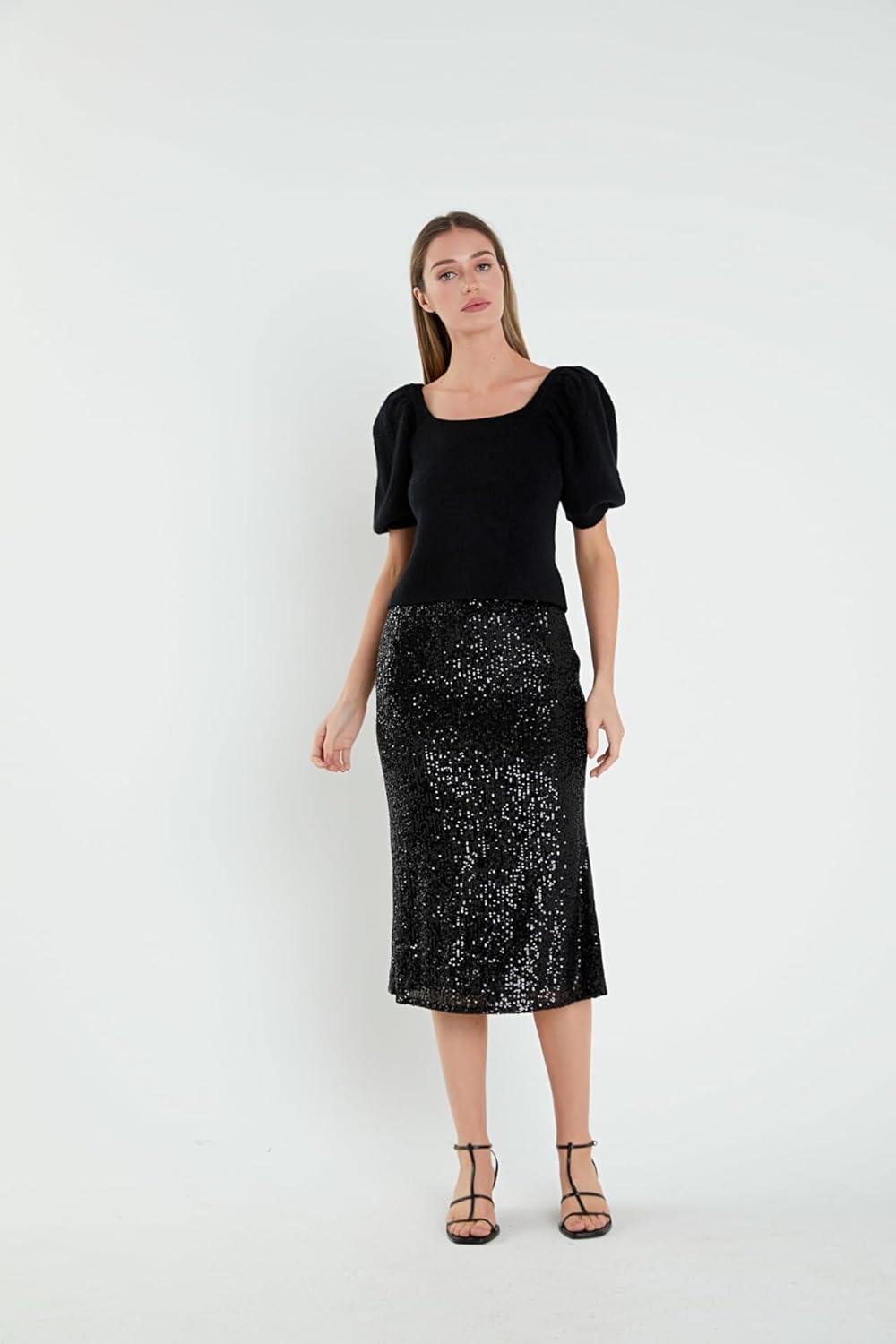 image:imageEnglish Factory Womens Short Puff Sleeve Sweater Black XS