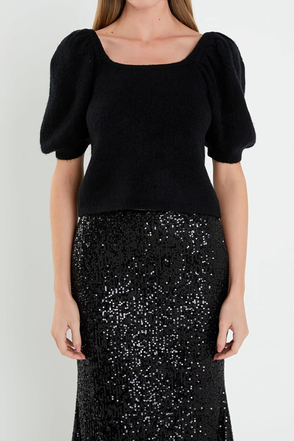 image:imageEnglish Factory Womens Short Puff Sleeve Sweater Black XS