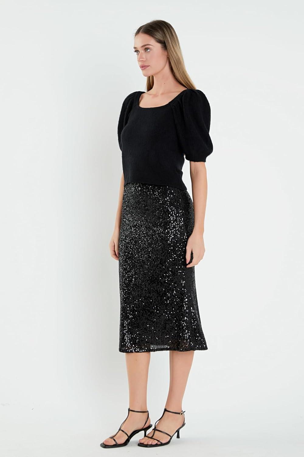 image:imageEnglish Factory Womens Short Puff Sleeve Sweater Black XS