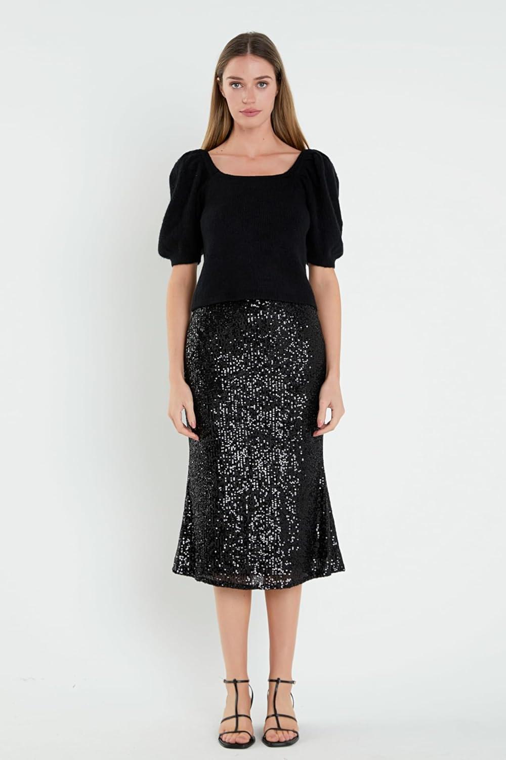 image:imageEnglish Factory Womens Short Puff Sleeve Sweater Black XS
