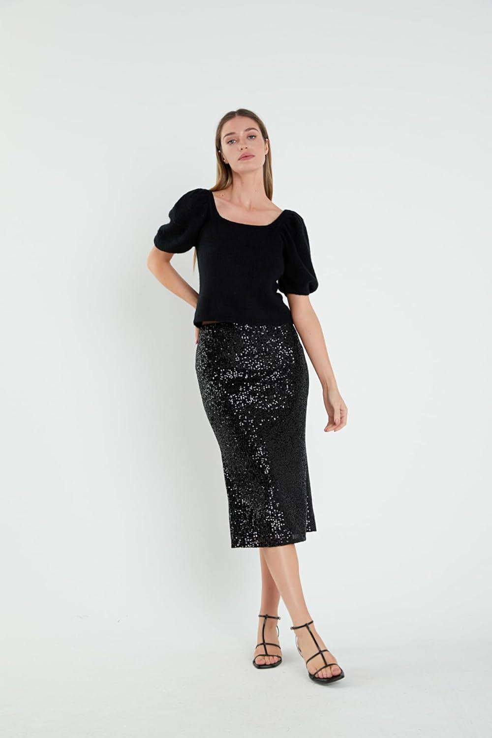 image:imageEnglish Factory Womens Short Puff Sleeve Sweater Black XS