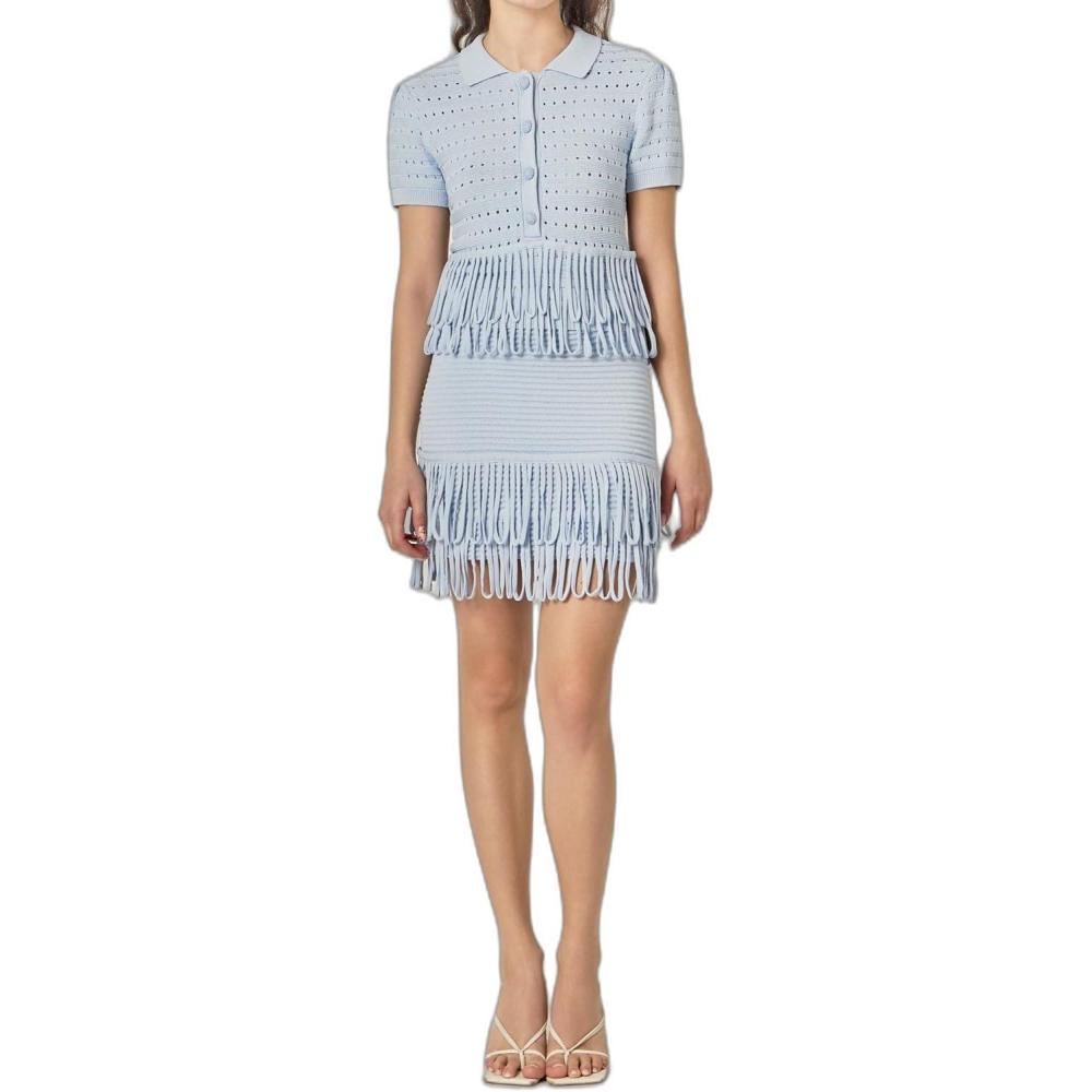 image:imageEnglish Factory Womens Knitted Fringe Detail SkirtPowder Blue