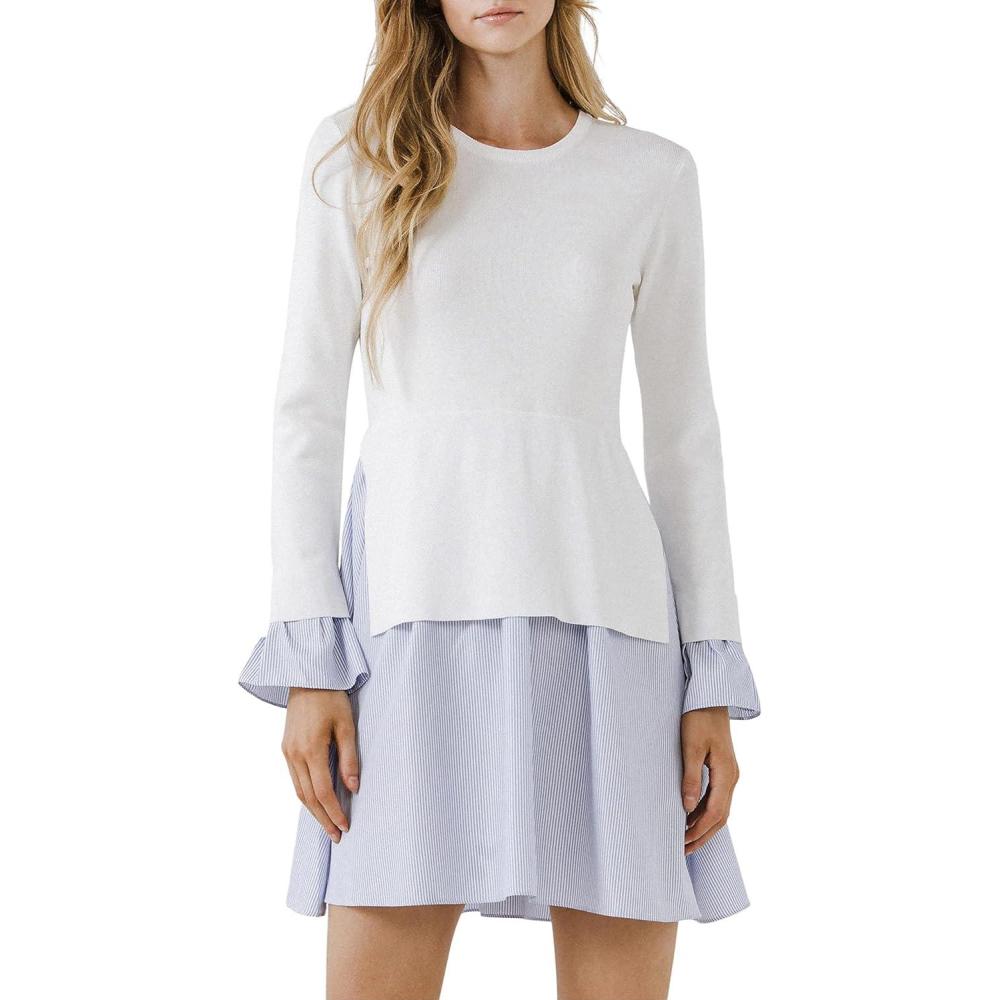 image:imageEnglish Factory Womens Poplin Combo Knit DressWhite
