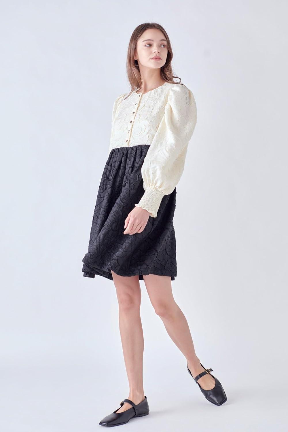 image:imageEnglish Factory Womens Textured Baby Doll Dress IvoryBlack M