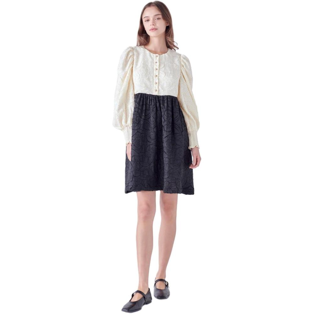 image:imageEnglish Factory Womens Textured Baby Doll Dress IvoryBlack M