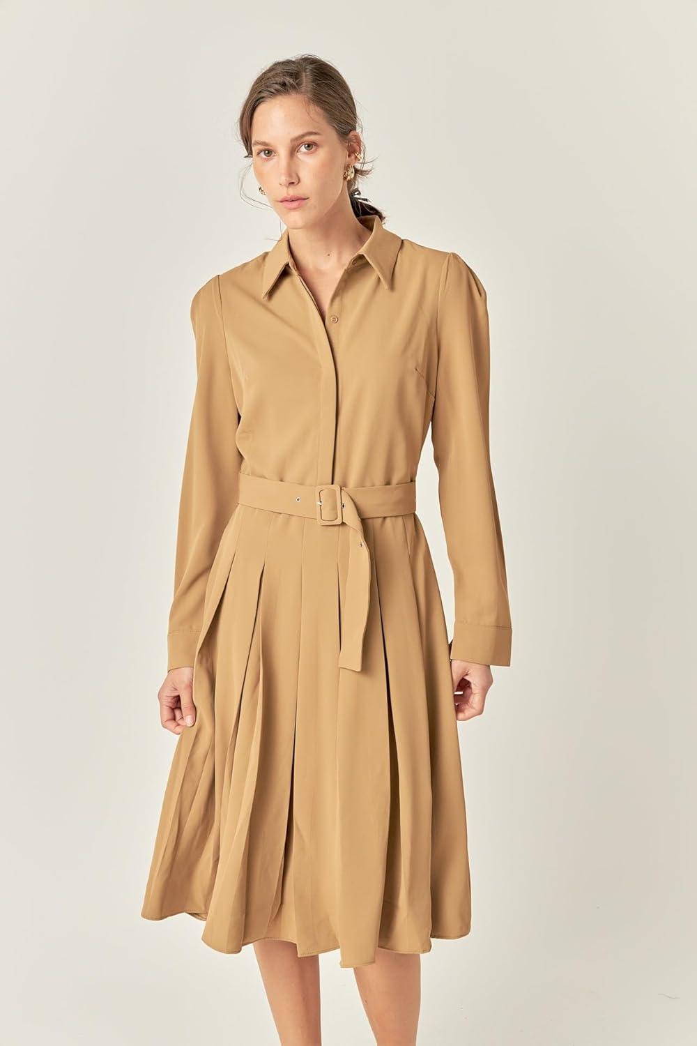 image:imageEnglish Factory Pleated Collar Long Sleeve Midi DressCamel