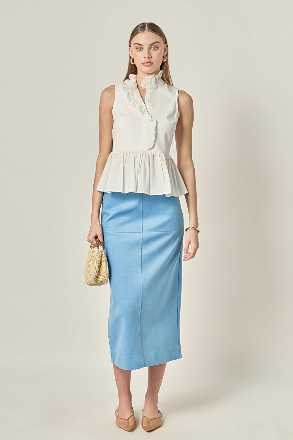 image:imageEnglish Factory Womens Faux Suede Midi SkirtSlate Blue