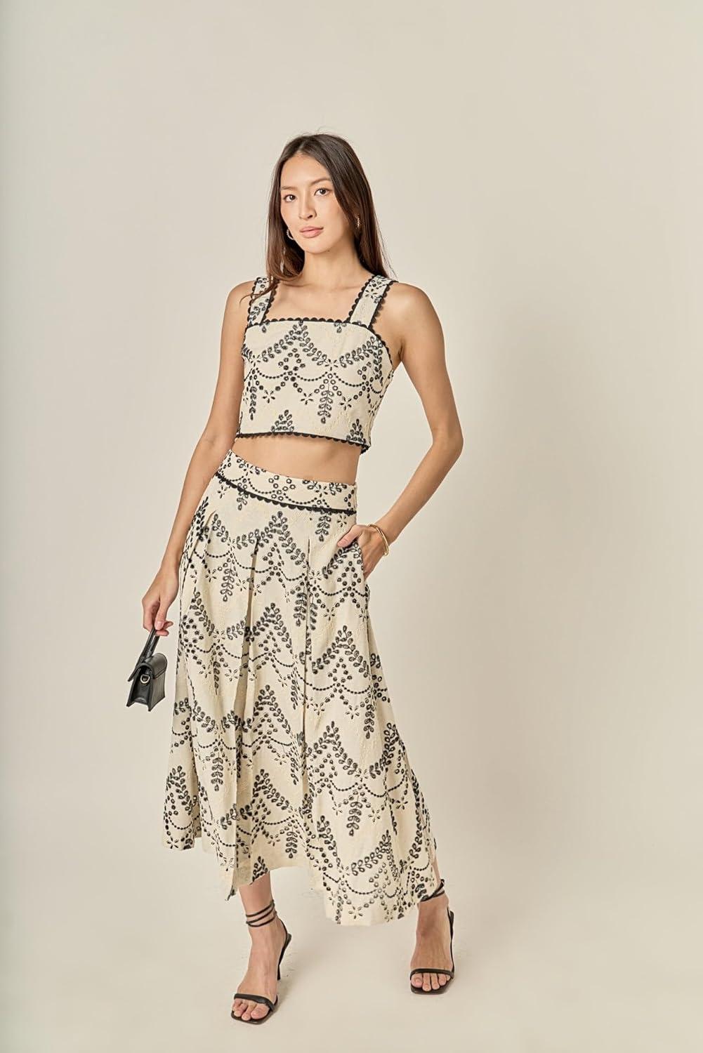 image:imageEnglish Factory Womens Linen Embroidered Midi Full SkirtBeigeBlack