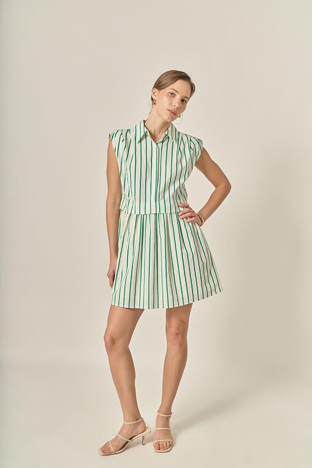 image:imageEnglish Factory Womens Striped Pleated Shoulder Shirt Mini DressGreen Stripe