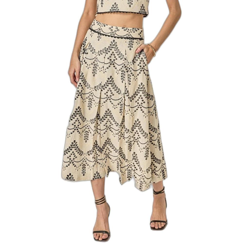 image:imageEnglish Factory Womens Linen Embroidered Midi Full SkirtBeigeBlack