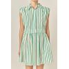 English Factory Women’s Striped Pleated Shoulder Shirt Mini Dress(Green Stripe)