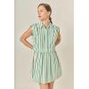 English Factory Women’s Striped Pleated Shoulder Shirt Mini Dress(Green Stripe)
