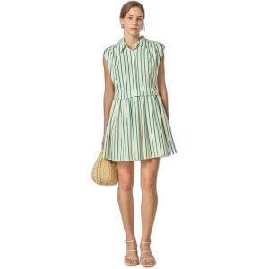 English Factory Women’s Striped Pleated Shoulder Shirt Mini Dress(Green Stripe)