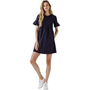 Ruffle Mini Dress with Mixed Media, Short Sleeves by ENGLISH FACTORY(Navy)
