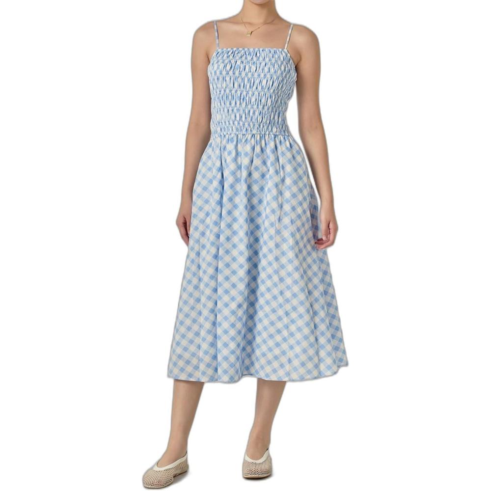 image:imageEnglish Factory Womens Checked Smocked Midi DressPowder Blue