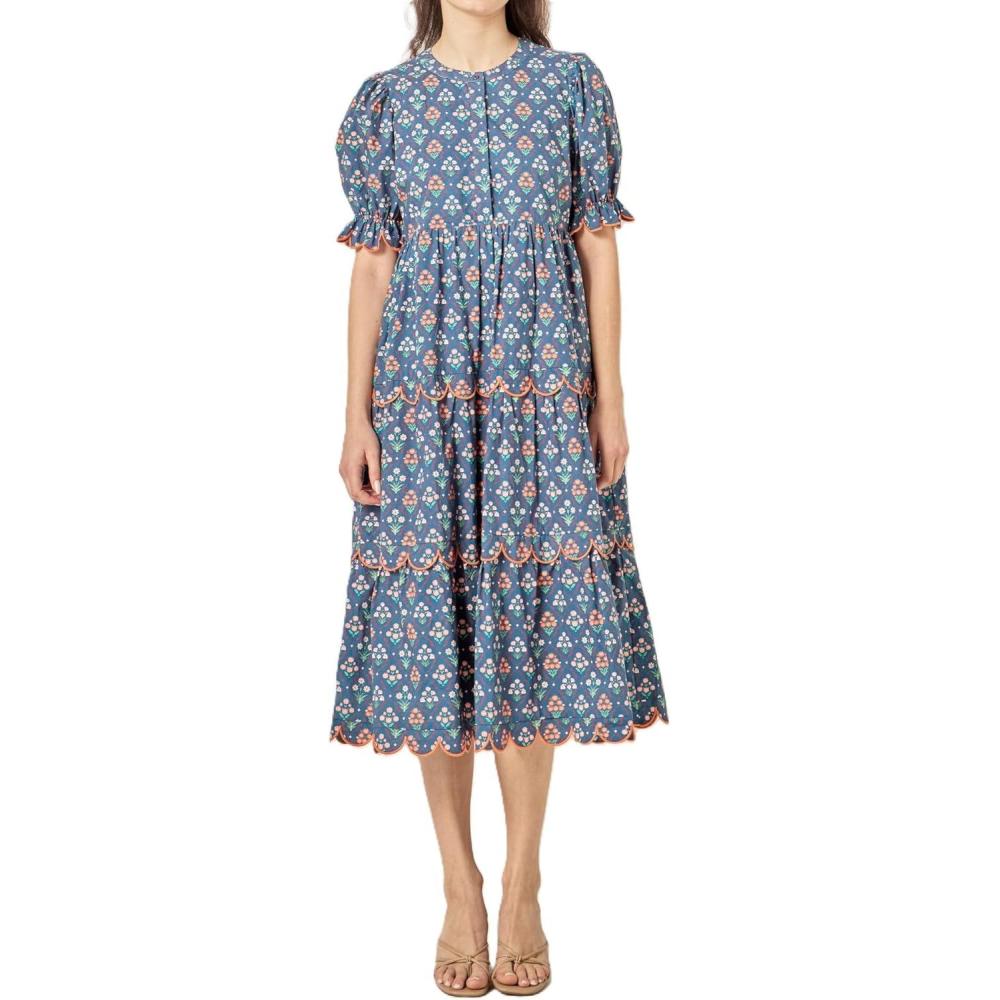 image:imageEnglish Factory Womens Contrast Scallop Edge Midi DressNavy Multi