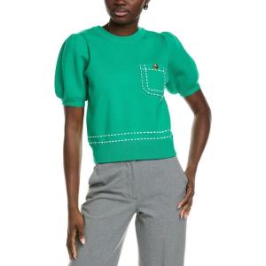 Knit Top with Puff Sleeves & Stitch Detail by ENGLISH FACTORY(Green)