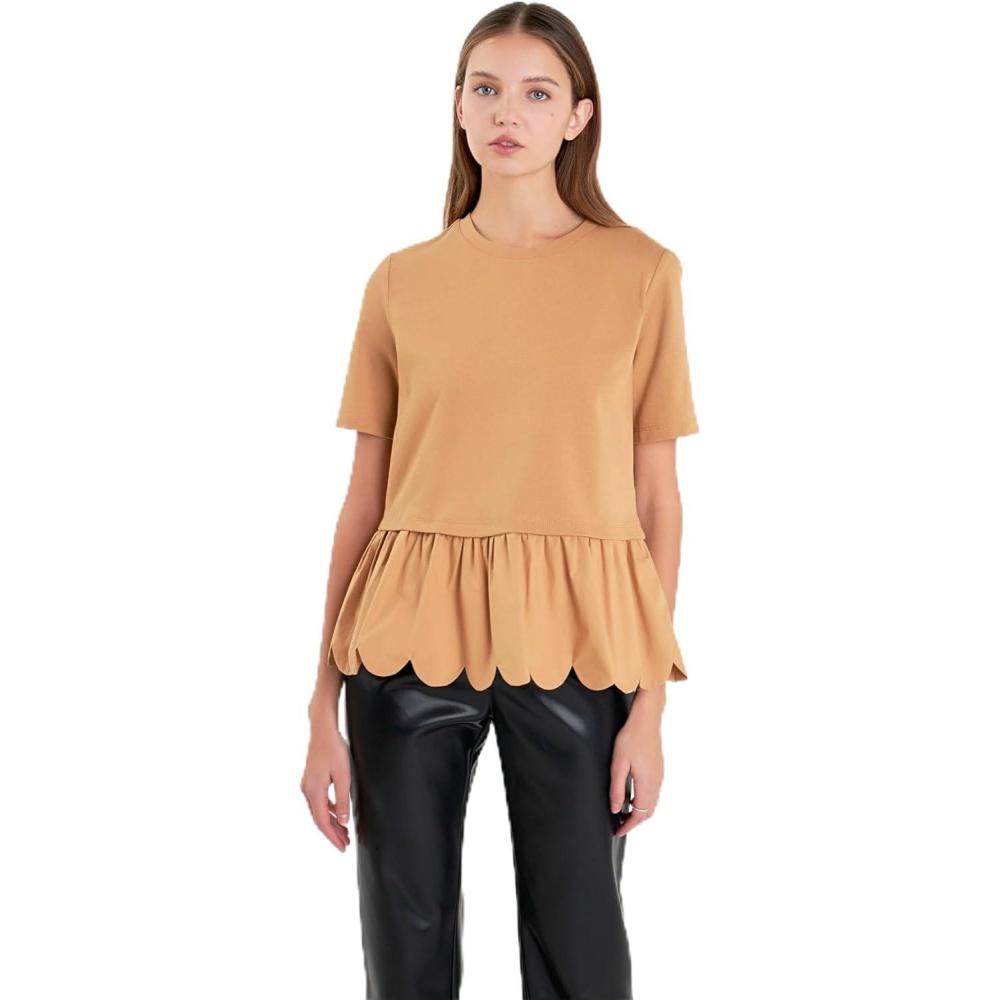 image:imageEnglish Factory Women Mixed Media Scallop Detail Tshirt TAN M