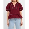 English Factory Women’s Piping Detail Top with Short Puff Sleeves, Burgundy, S