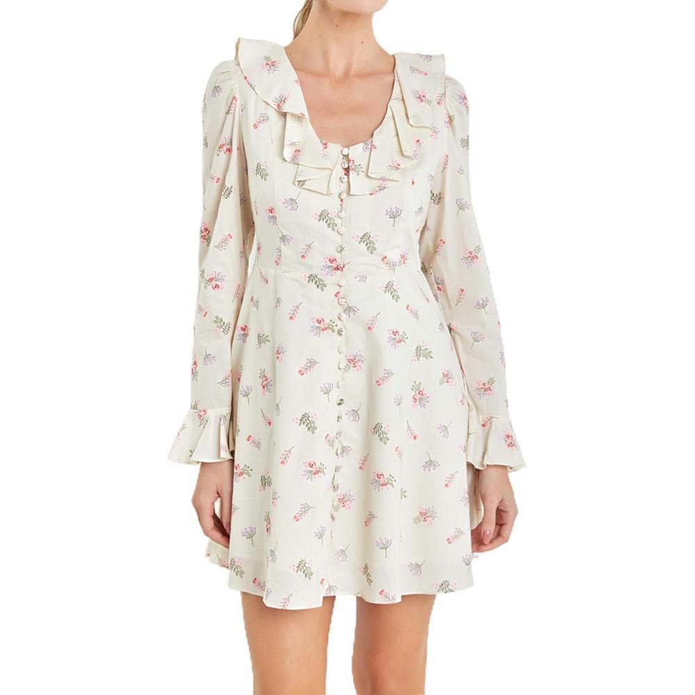 image:imageRuffled UNeck Floral Mini Dress by ENGLISH FACTORYIvory